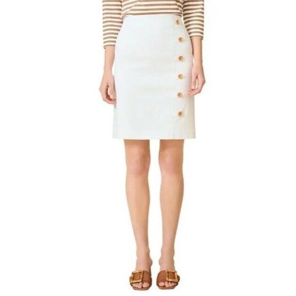 J Mclaughlin Womens White lined Scallop Edge Straight Skirt $168 Sz 10 Pretty! - Picture 1 of 6